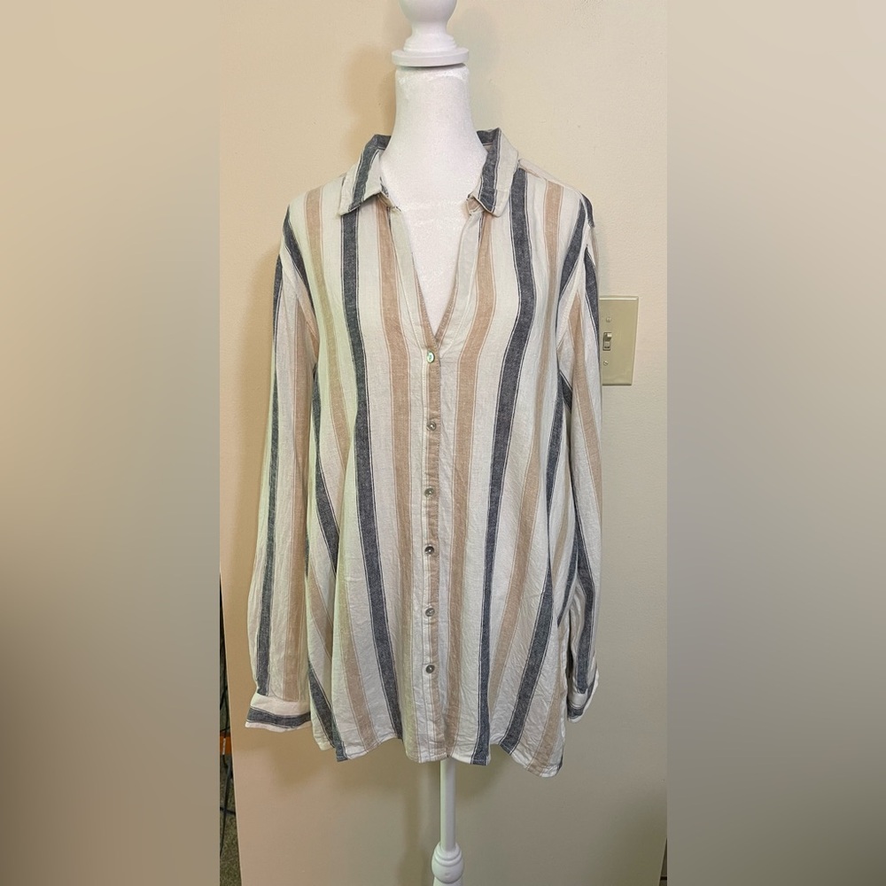 Tahari Women’s Long Sleeve Linen Blend Button Down Roll Tab Sleeve Shirt Sz XL